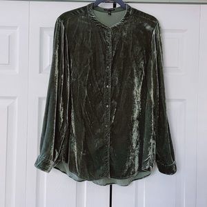 Eileen Fisher Women Velvet Mandarin Collar Shirt Green Button Front Large